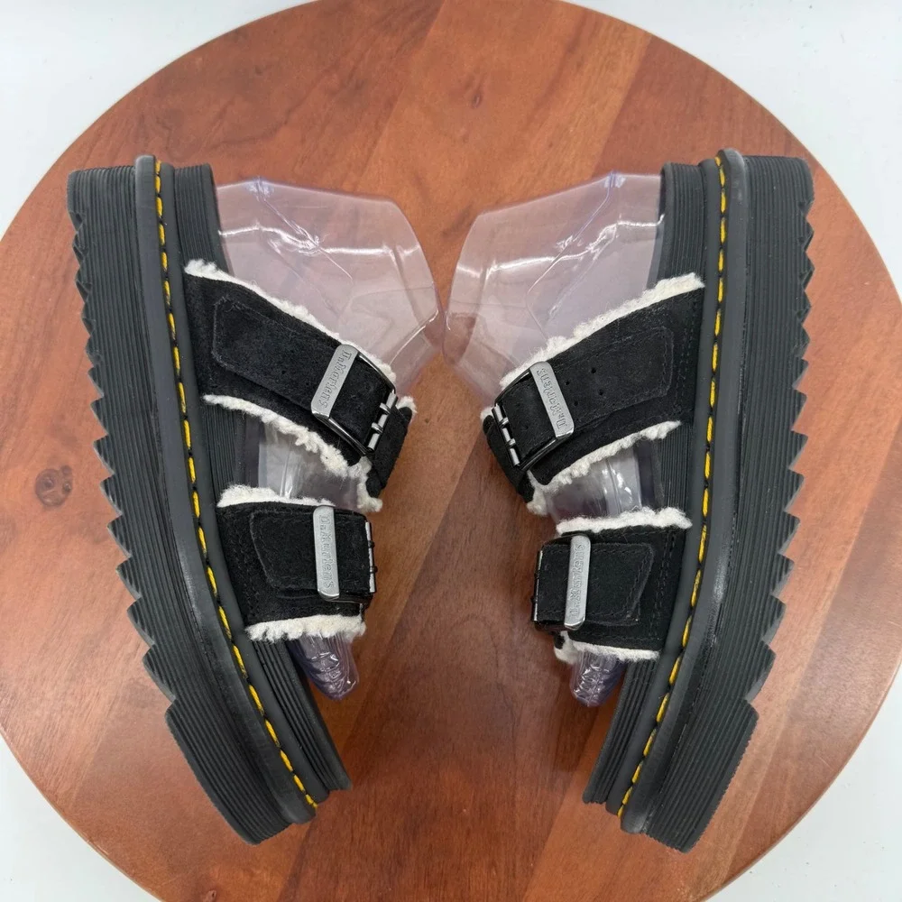 Dr. Martens Myles Suede Faux Shearling Lined Sandal Black Platform Slide Women 8